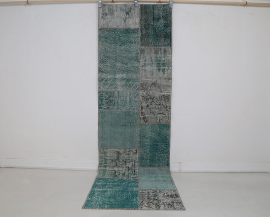 2x8 Vintage Patchwork Runner Rug, Green Turkish Hallway Rug, Handmade Wool Cotton Flatweave Runner