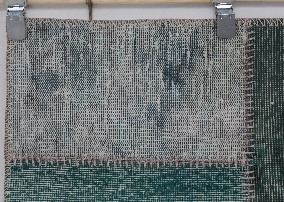 2x8 Vintage Patchwork Runner Rug, Green Turkish Hallway Rug, Handmade Wool Cotton Flatweave Runner