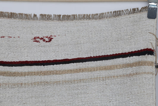 7x10 Vintage Hemp Wool Rug, White Beige Turkish Flatweave Rug with Tribal Motifs, Handmade Neutral Area Rug