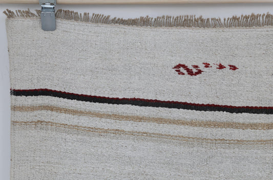 7x10 Vintage Hemp Wool Rug, White Beige Turkish Flatweave Rug with Tribal Motifs, Handmade Neutral Area Rug