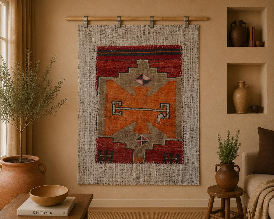 3x5 Vintage Turkish Tapestry Rug, Geometric Tribal Wall Hanging, Orange Red Wool Cotton Textile Art