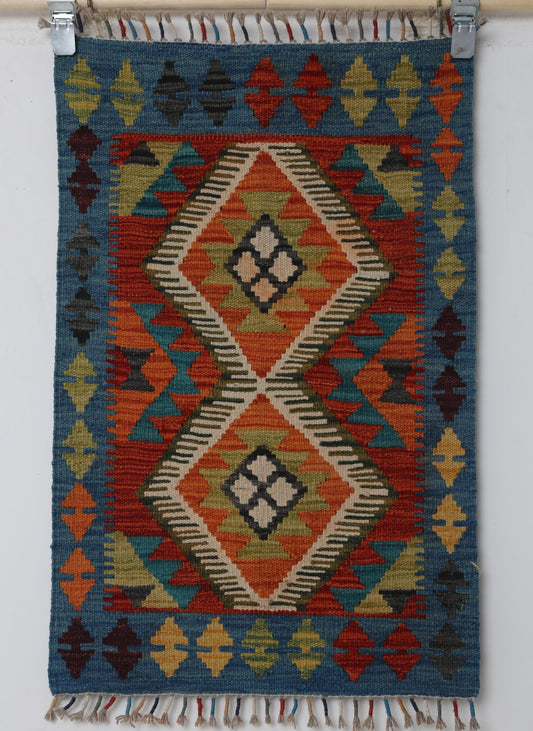 2x3 Vintage Turkish Kilim Rug, Blue Multicolor Handmade Wool Cotton Accent Rug, Geometric Tribal Small Rug
