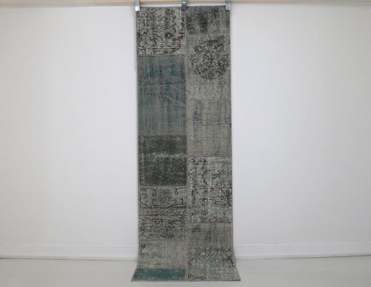 2x6 Vintage Patchwork Runner Rug, Green Turkish Hallway Runner, Handmade Wool Cotton Narrow Rug