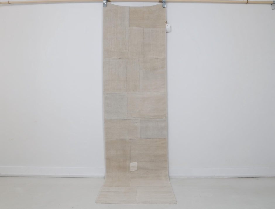 2x8 vintage Turkish hemp patchwork runner rug, beige neutral hallway rug