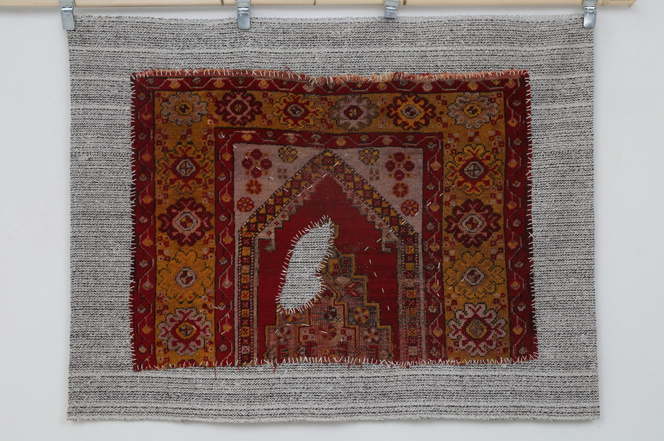 3x4 Vintage Wool Tapestry Rug, Red Yellow Tribal Wall Hanging, Handmade Anatolian Textile Decor