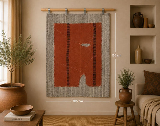 3x4 Vintage Hemp Tapestry Rug, Orange Minimal Wall Hanging, Handmade Woven Textile Decor