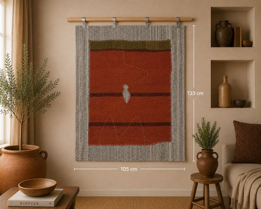 3x4 Vintage Hemp Tapestry Rug, Orange Minimalist Wall Hanging, Handmade Textile Fiber Art