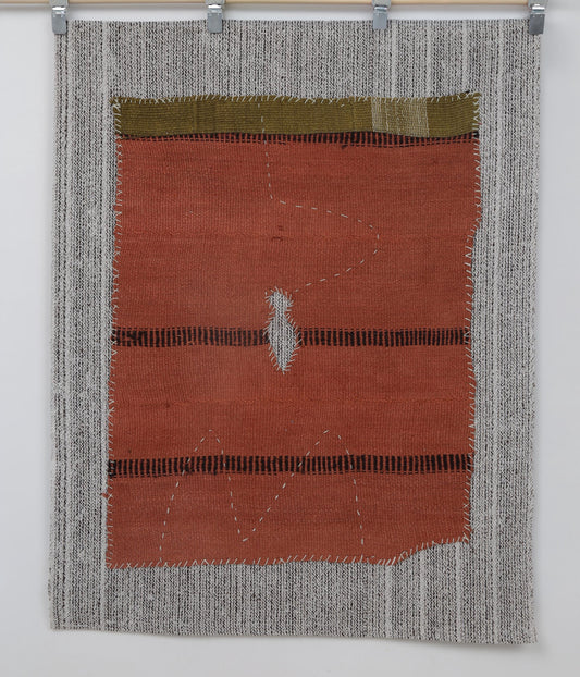 3x4 Vintage Hemp Tapestry Rug, Orange Minimalist Wall Hanging, Handmade Textile Fiber Art
