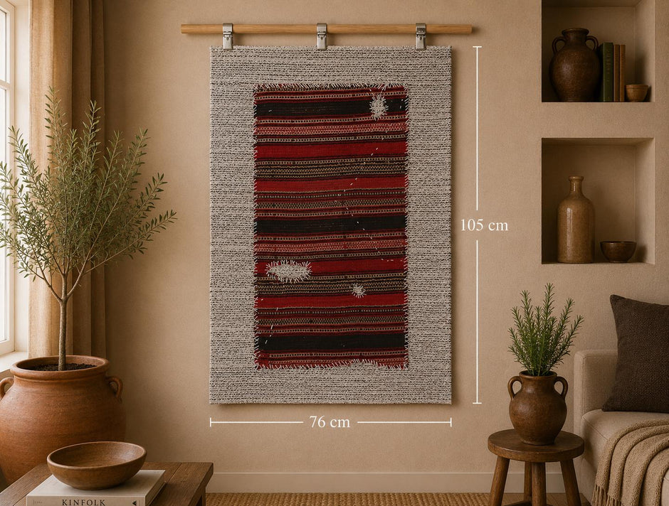 2x3 vintage wool tapestry rug, red and black striped wall hanging