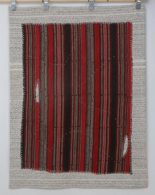 3x4 Vintage Wool Tapestry Rug, Red Striped Wall Hanging, Handmade Tribal Textile Art