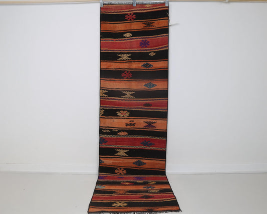2x8 Vintage Turkish Kilim Runner Rug, Orange and Black Striped Wool Hallway Rug, Handmade Tribal Long Runner