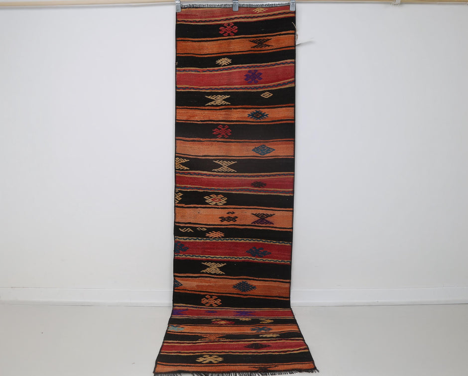 2x8 Vintage Turkish Kilim Runner Rug, Orange and Black Striped Wool Hallway Rug, Handmade Tribal Long Runner