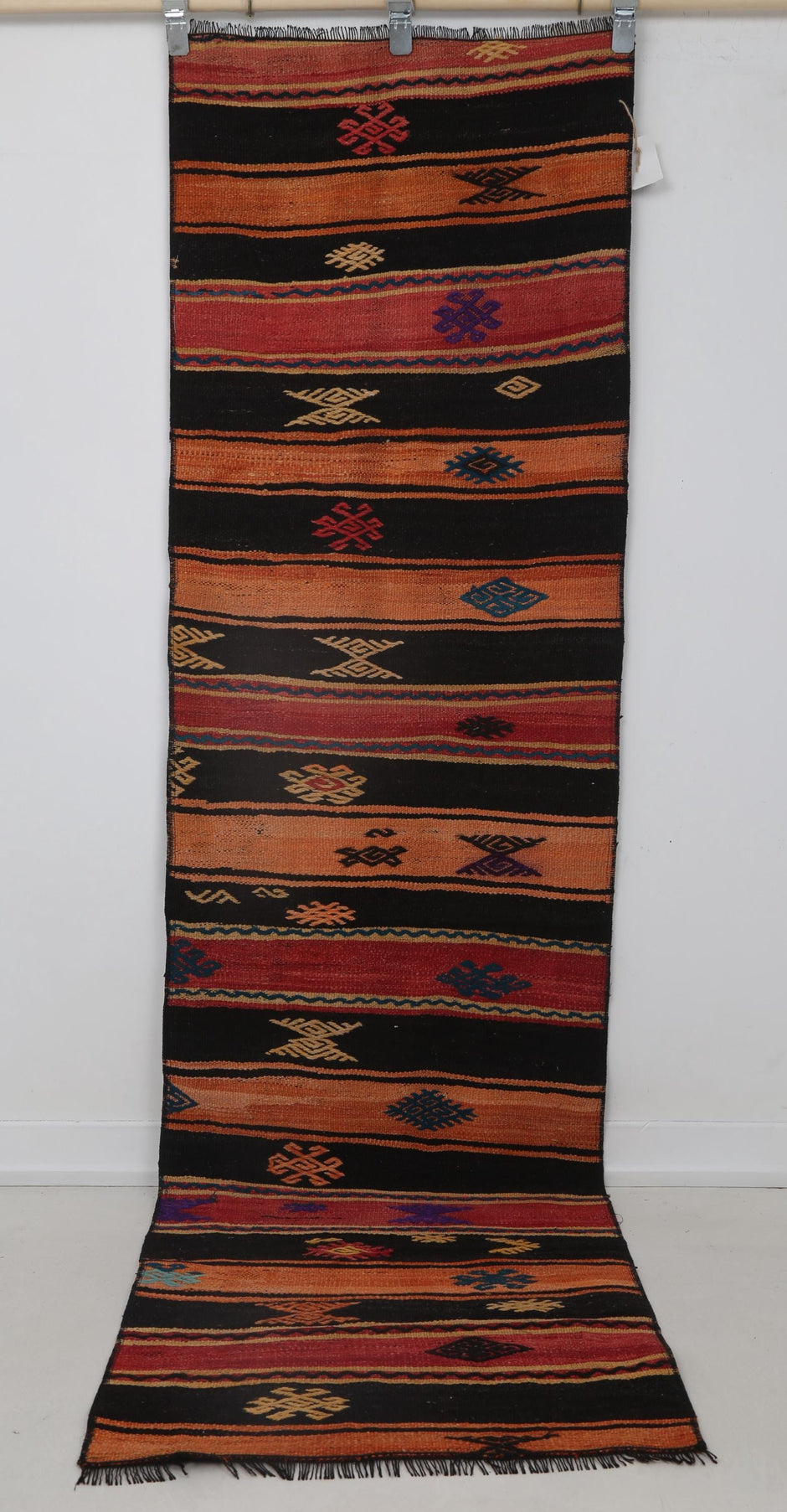 2x8 Vintage Turkish Kilim Runner Rug, Orange and Black Striped Wool Hallway Rug, Handmade Tribal Long Runner