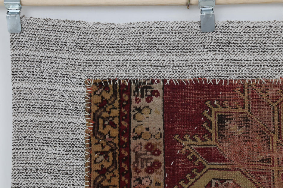 3x5 Vintage Turkish Tapestry Rug, Red Geometric Wool Cotton Wall Hanging, Handmade Tribal Textile Art