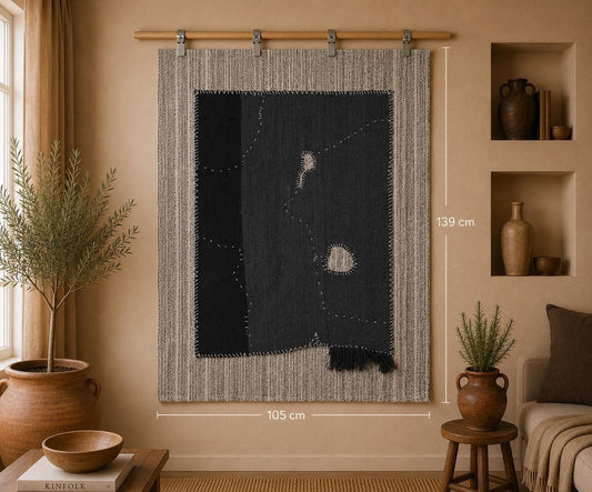3x5 Hemp Tapestry Rug, Deep Blue Minimalist Wall Hanging, Handmade Textile Art Decor