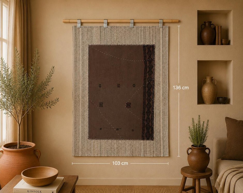 3x5 Vintage Turkish Tapestry Rug, Brown Tribal Textile Wall Hanging, Handmade Wool Cotton Fiber Art