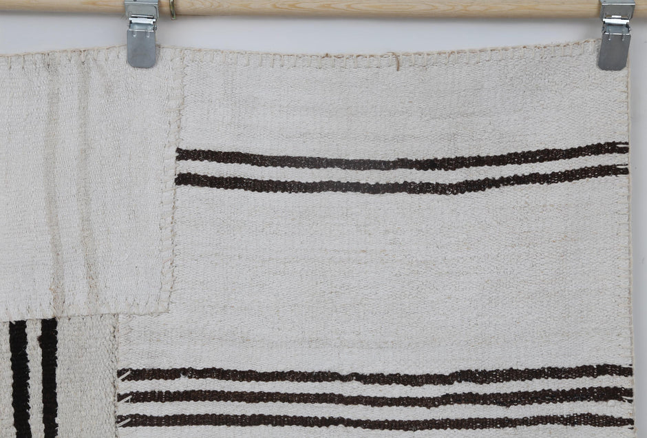 6x8 Vintage Hemp Patchwork Rug, White and Black Striped Handmade Area Rug, Minimalist Natural Fiber Turkish Floor Decor