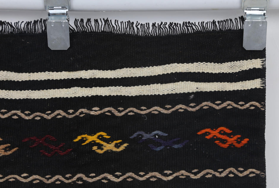 2x4 Vintage Turkish Kilim Doormat, Black Striped Wool Runner Rug, Handmade Entryway Accent Rug