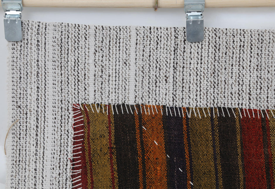 3x4 Vintage Turkish Tapestry Rug, Multicolor Striped Wool Wall Hanging, Handmade Tribal Textile Art