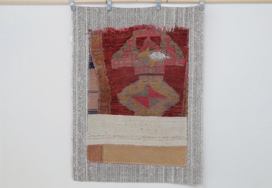 3x5 Vintage Turkish Tapestry Rug, Multicolor Geometric Wool Wall Hanging, Handmade Tribal Textile Art