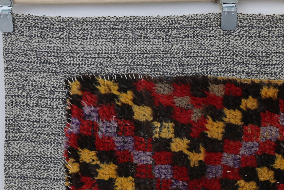 3x4 Vintage Turkish Tapestry Rug, Red Orange Tribal Textile Art, Handwoven Wool Cotton Wall Hanging