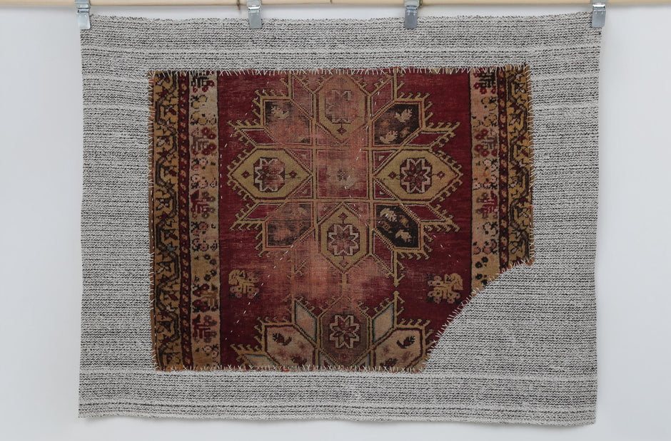 3x5 Vintage Turkish Tapestry Rug, Red Geometric Wool Cotton Wall Hanging, Handmade Tribal Textile Art