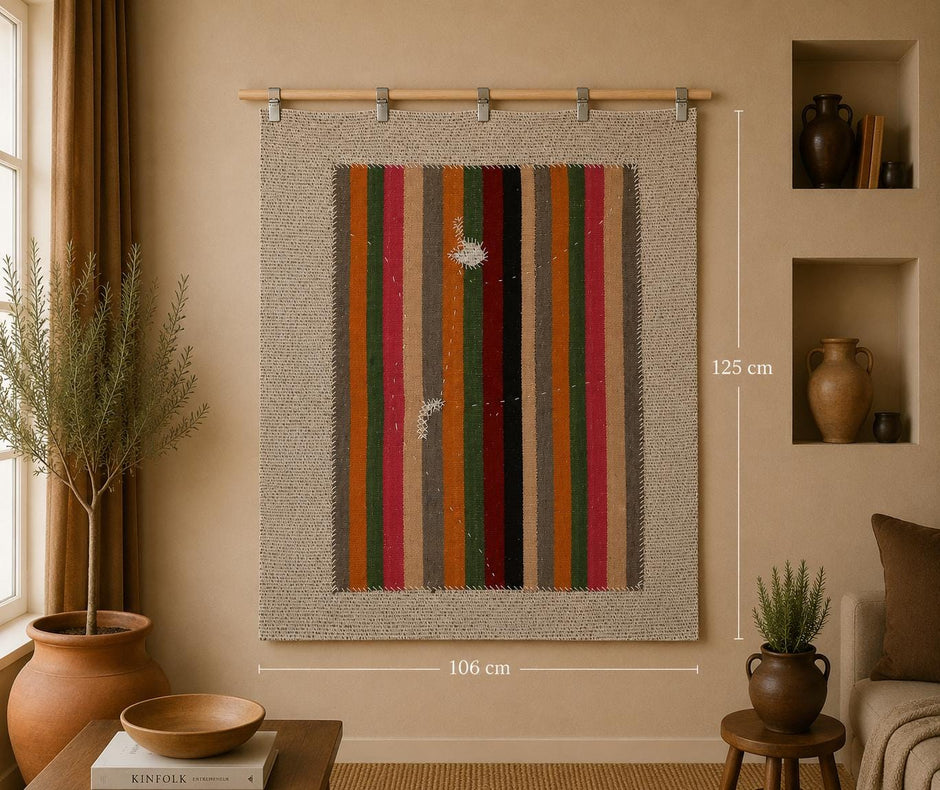 3x4 Vintage Turkish Striped Tapestry Rug, Handwoven Wool Wall Hanging, Multicolor Textile Art