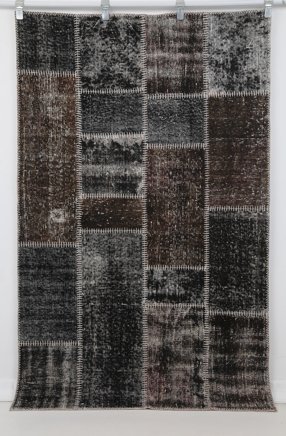 4x6 Vintage Turkish Patchwork Tapestry Rug, Black Brown Wool Cotton Textile Wall Hanging, Woven Wall Art