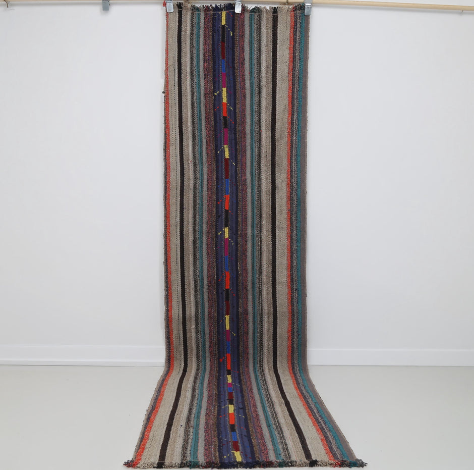 3x9 Vintage Flatweave Runner Rug, Multicolor Striped Turkish Hallway Rug, Handmade Wool Cotton Long Runner