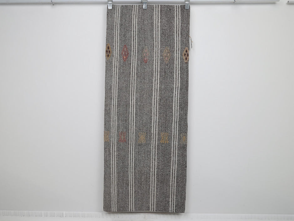 2x6 Vintage Turkish Flatweave Runner Rug, Handmade Wool Hallway Rug, Gray Striped Kilim Runner, Minimalist Entryway Carpet