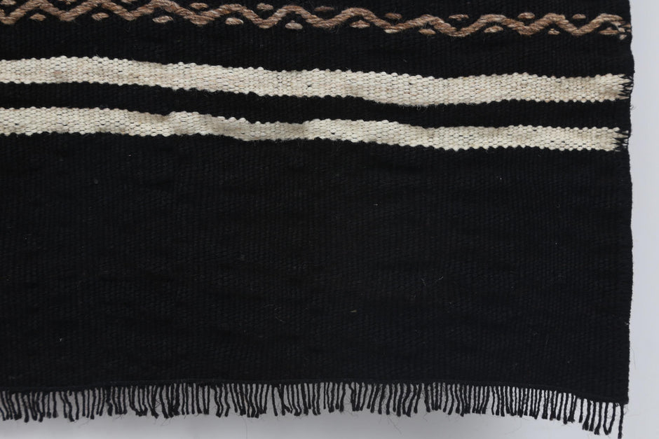 2x4 Vintage Turkish Kilim Doormat, Black Striped Wool Runner Rug, Handmade Entryway Accent Rug