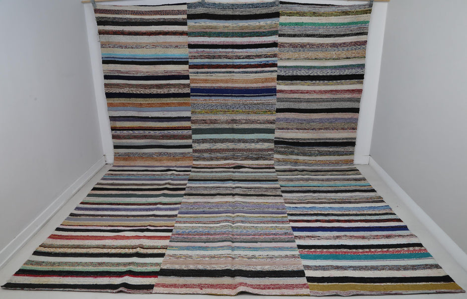 9x12 Vintage Turkish Kilim Caput Rug, Multicolor Striped Flatweave Area Rug, Handmade Cotton Wool Large Floor Carpet