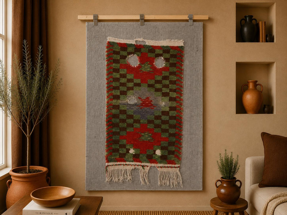 3x4 Vintage Turkish Tapestry Rug, Handmade Wool Wall Hanging, Green Red Tribal Textile Art