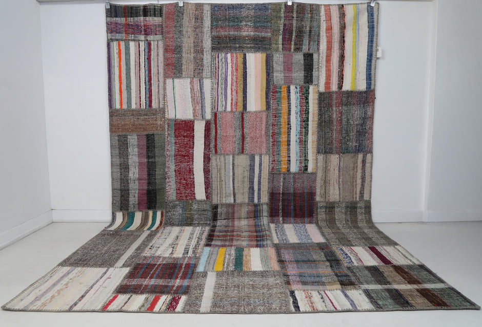 7x10 Vintage Turkish Flatweave Patchwork Rug, Handmade Multicolor Kilim Area Rug, Large Bohemian Wool Cotton Carpet