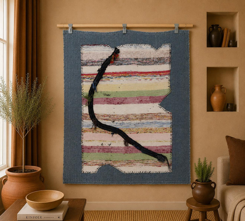 3x4 Vintage Turkish Abstract Tapestry Rug, Handwoven Wall Hanging Textile Art, Multicolor Fiber Art Decor
