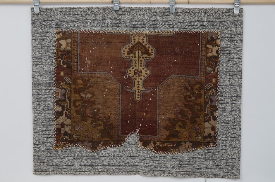 3x4 Vintage Turkish Medallion Tapestry Rug, Handwoven Wall Hanging, Brown Red Textile Art Decor