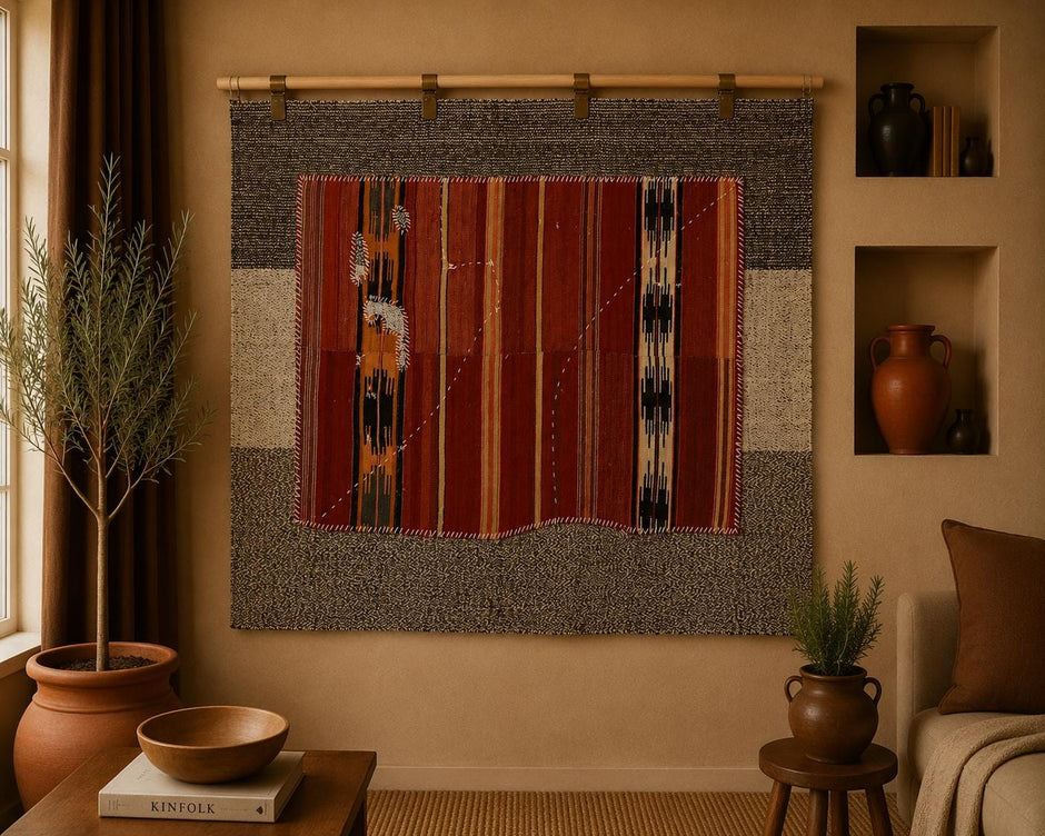 3x4 Handmade Wool Tapestry Rug, Striped Textile Wall Hanging, Modern Fiber Art Decor