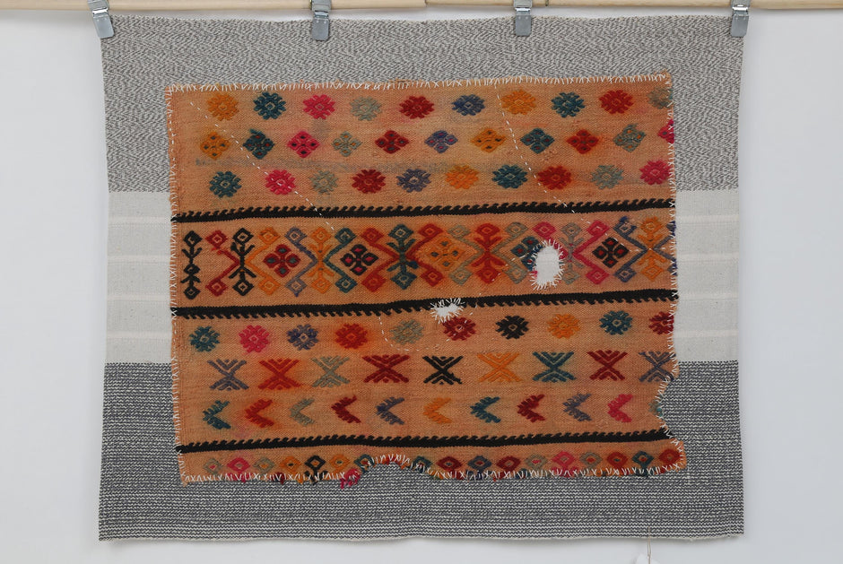 3x4 Handmade Wool Tapestry Rug, Tribal Textile Wall Hanging, Geometric Fiber Art Decor