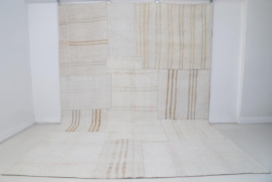 7x10 Vintage Turkish Hemp Patchwork Rug, Handmade Neutral Beige Area Rug, Minimalist Large Hemp Rug