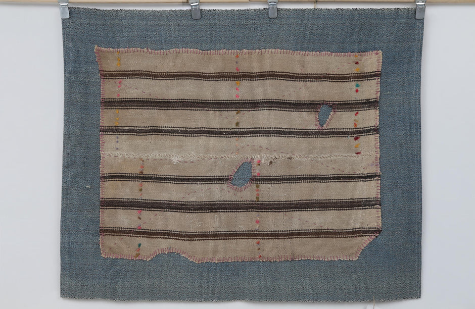 3x4 Handmade Wool Tapestry Rug, Striped Textile Wall Hanging, Rustic Fiber Art Decor