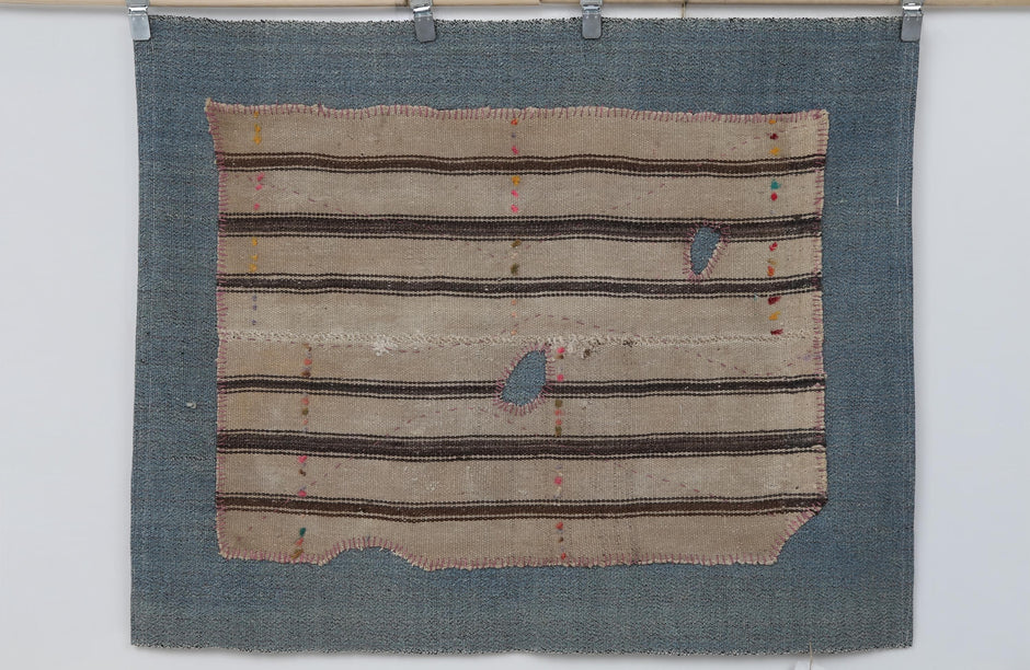 3x4 Handmade Wool Tapestry Rug, Striped Textile Wall Hanging, Rustic Fiber Art Decor