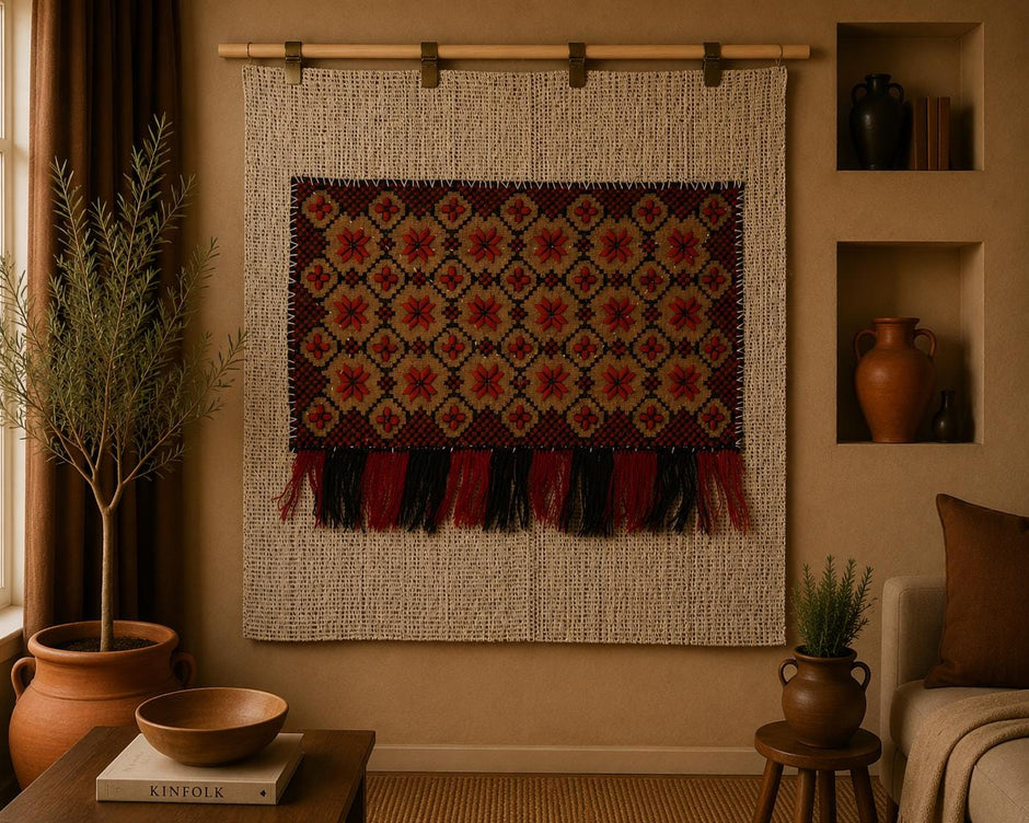3x3 Handmade Wool Tapestry Rug, Geometric Textile Wall Hanging, Red Black Fiber Art Decor