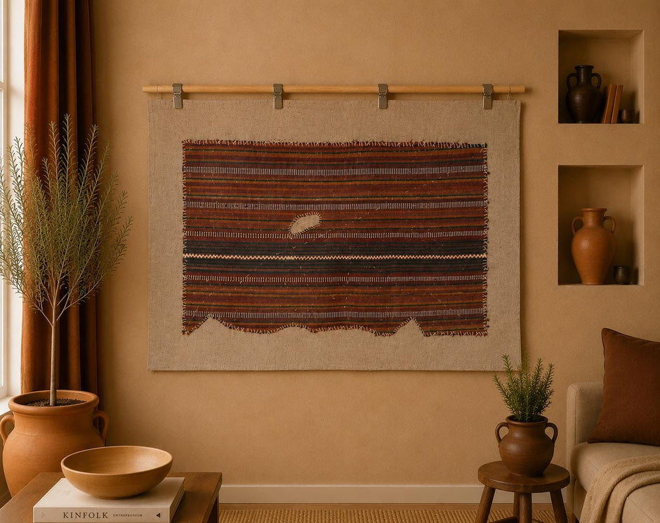 3x4 Handmade Wool Tapestry Rug, Striped Textile Wall Hanging, Rustic Fiber Art Decor