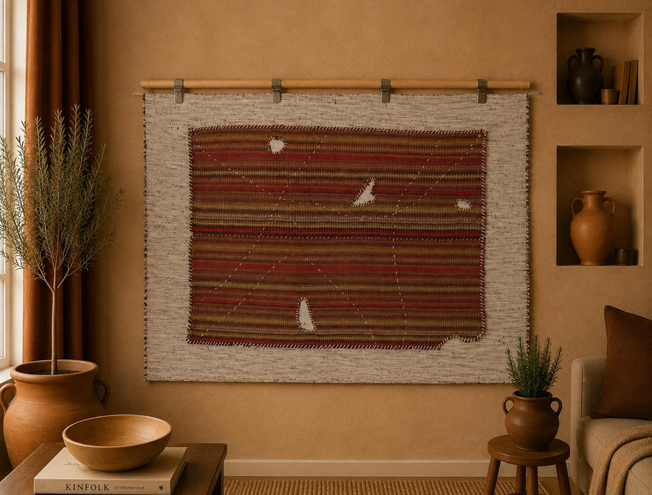3x4 Handmade Wool Tapestry Rug, Aged Striped Textile Wall Hanging, Rustic Fiber Art Decor