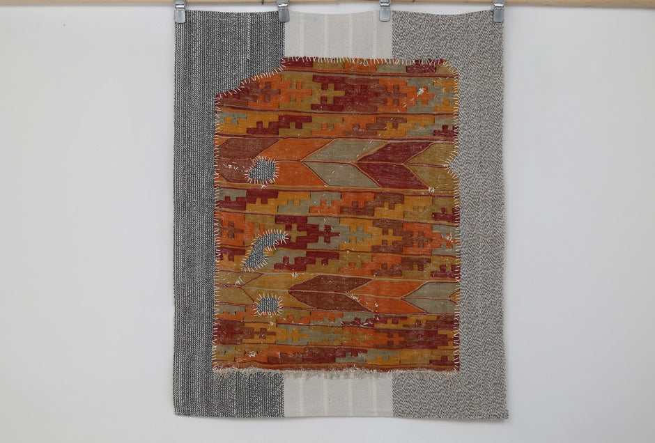3x4 Handmade Wool Tapestry Rug, Warm Orange Tribal Textile Wall Hanging, Geometric Fiber Art Decor