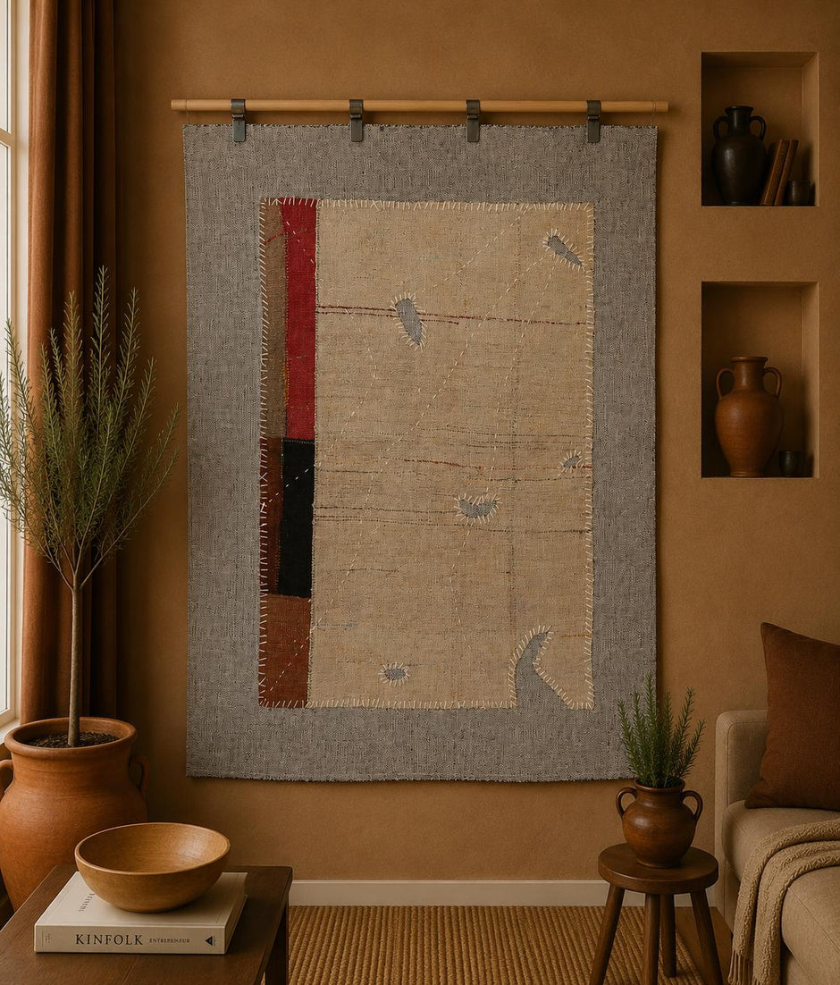 3x4 Beige Wool Tapestry Rug, Minimalist Abstract Textile Wall Hanging, Modern Fiber Art Decor