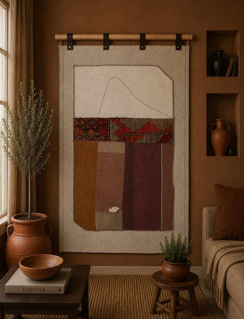 3x4 Vintage Tapestry Rug, Hemp Wool Patchwork Textile, Earth Tone Turkish Woven Wall Art