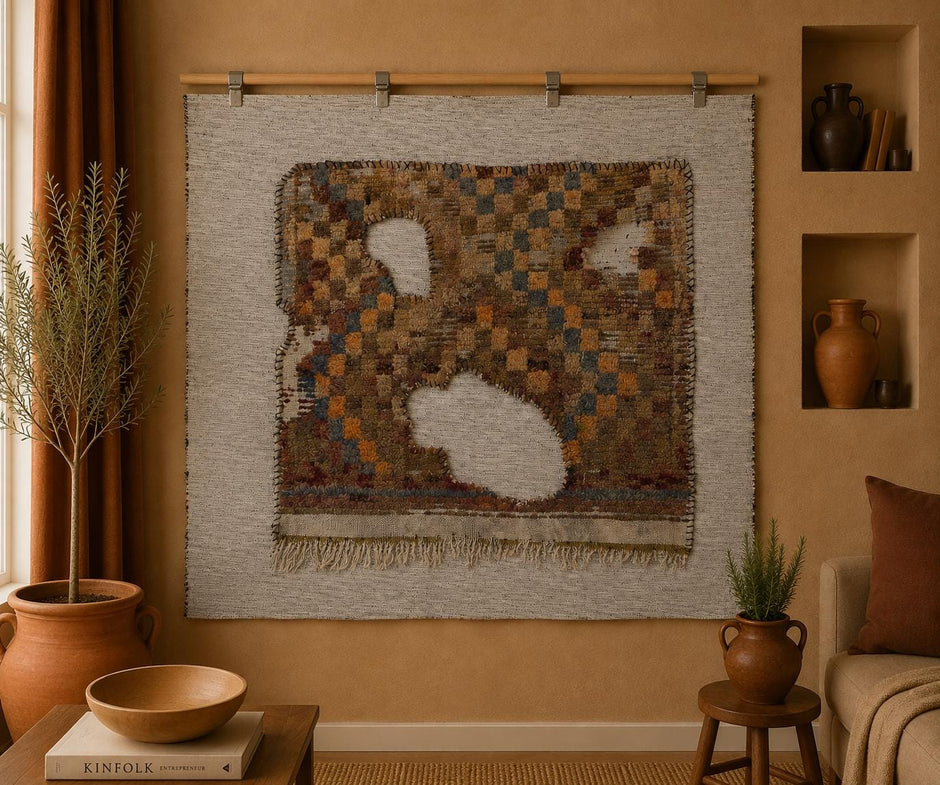 3x4 Handmade Wool Tapestry Rug, Abstract Textile Wall Hanging, Rustic Fiber Art Decor