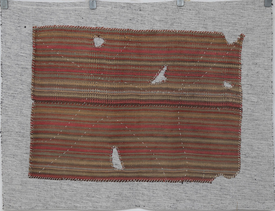 3x4 Handmade Wool Tapestry Rug, Aged Striped Textile Wall Hanging, Rustic Fiber Art Decor