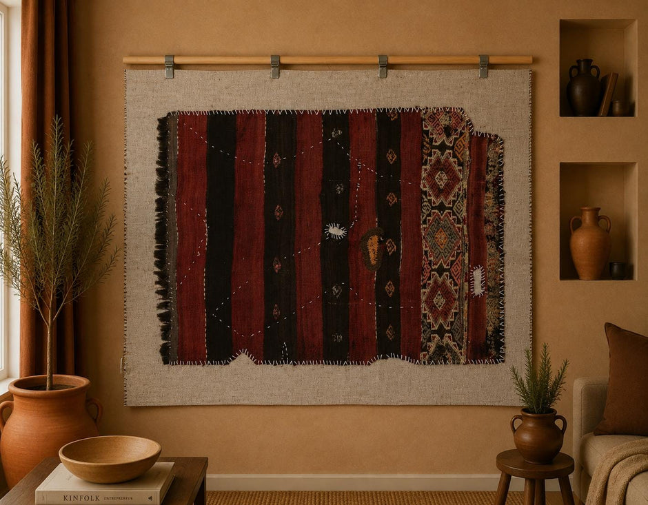 3x4 Handmade Wool Tapestry Rug, Tribal Textile Wall Hanging, Rustic Fiber Art Decor